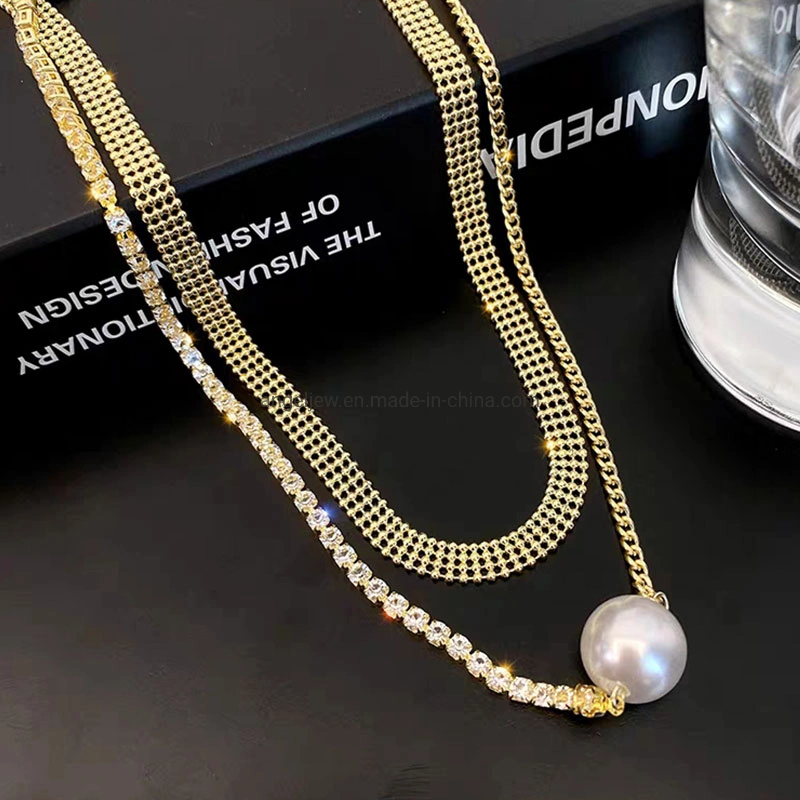 Fashion Multilayered Gold Plated 925 Sterling Silver Necklace with Pearl for Ladies