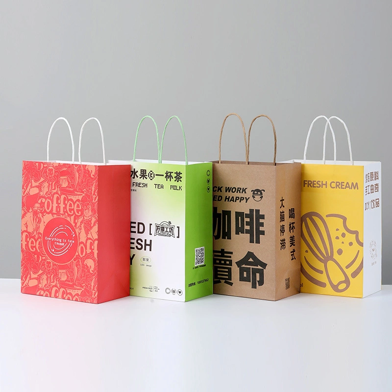 White and Brown Printing Kraft Paper Tote Bags Shopping Packaging Gift Fashion Bags Takeaway Twist Handle Kraft Paper Bag