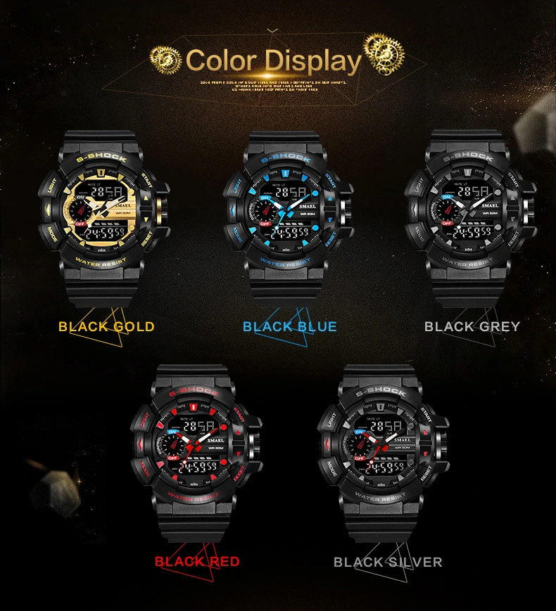 Cool Shockproof Electronic Gift Watches Multifunctional Waterproof Sports Dual Display Electronic Quartz Watch Black Siver