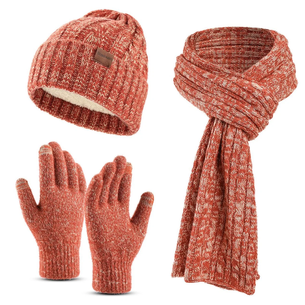 Winter warm Strickmütze Touchscreen Handschuhe lang Schal Set mit Fleece