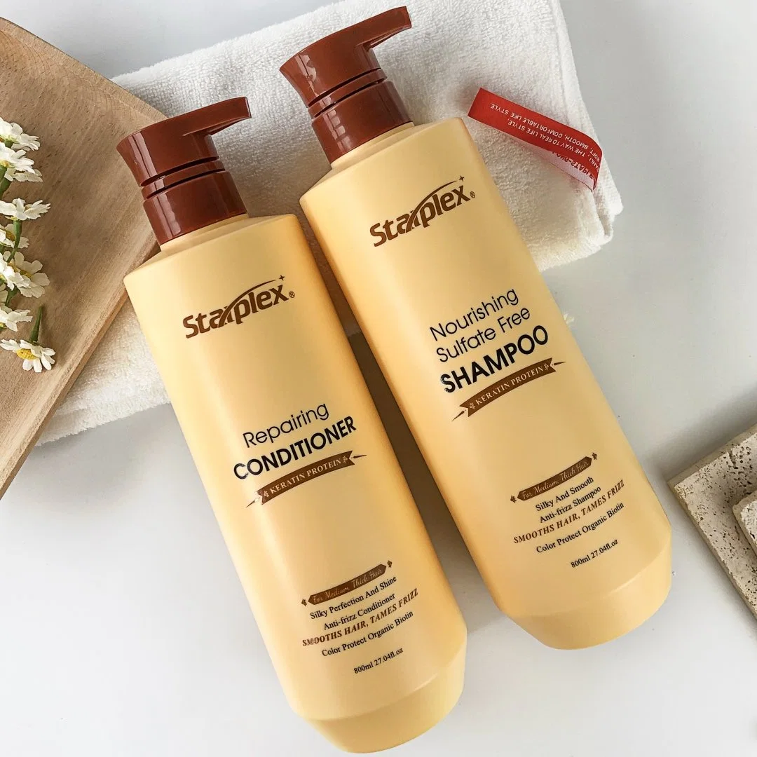 Etiqueta privada OEM sin sulfato Keratina Orgánica Biotina Champú Anti-frizz Cabello Conjunto de cuidados