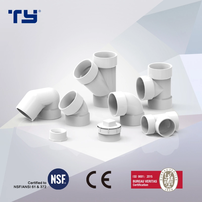 PVC ASTM D2665 Dwv Tripple Plastic Pipe Fittings Made in China (TEE, COUPLING, ELBOW, 45 DEG ELBOW)