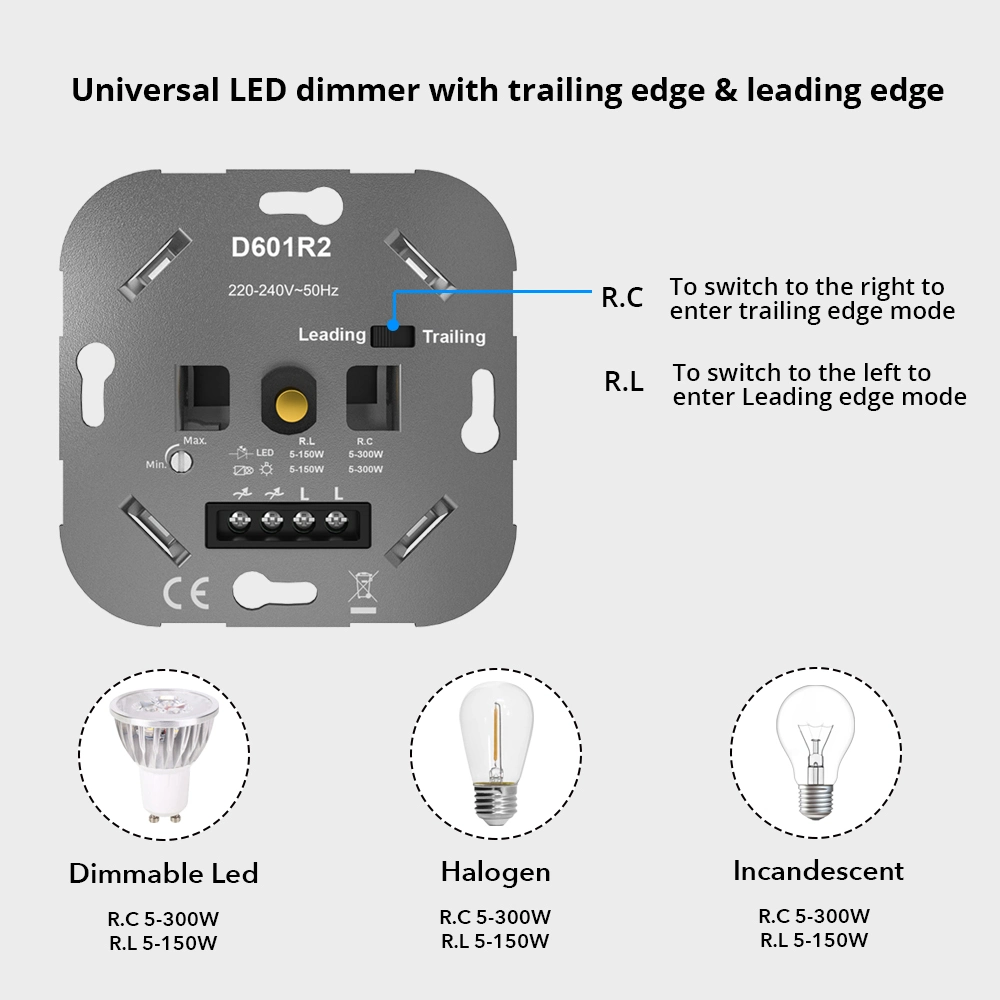 Gradateur universel à bouton rotatif et poussoir, 220 V, standard UE, 300 W. Commutateur