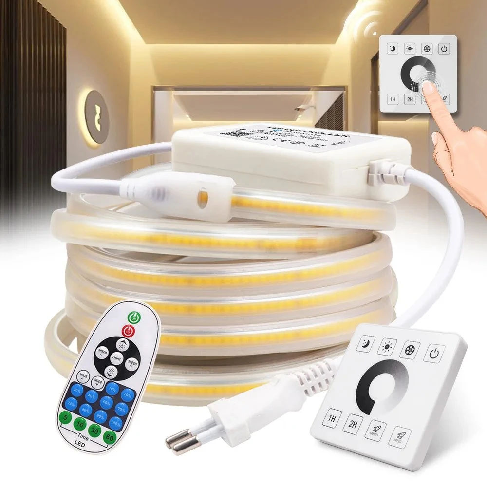 Dimmable COB LED Strip Light 220V 110V Wall Touch Switch 23key Remote Power Kit 288LED Flex Ribbon High Density Linear Lighting