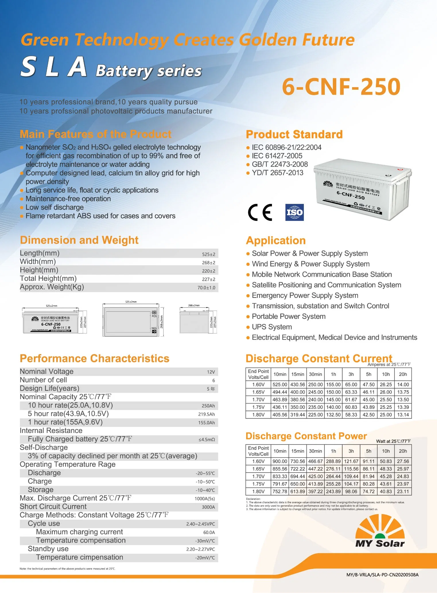 12V 250Ah au plomb-acide de batterie solaire pour le système de stockage solaire