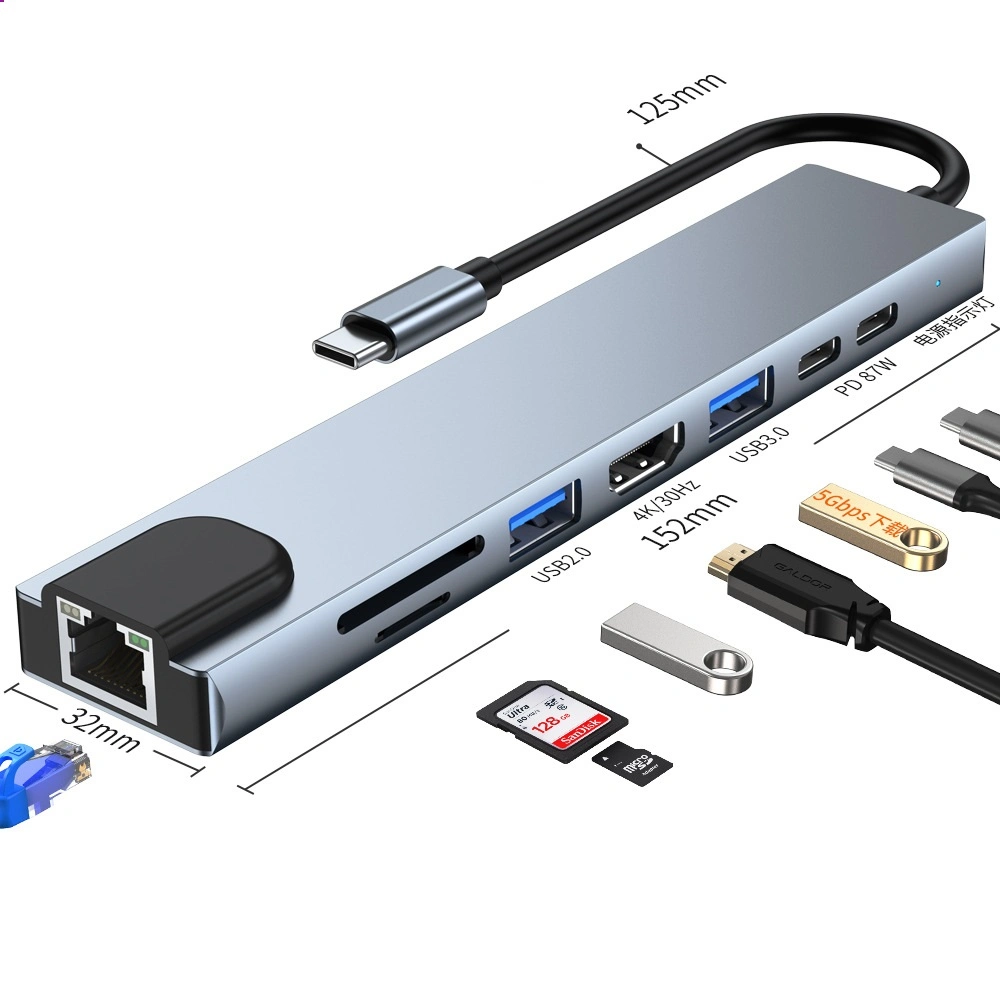 8 in 1 Adapter USB-C to HDTV+SD/TF+USB3.0+USB/C+Pd+LAN