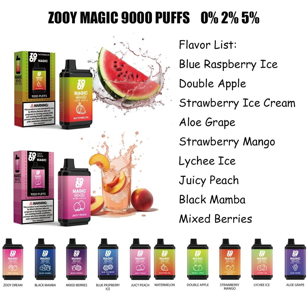 Zooy Magic 9000 Vente en gros Vaporisateur jetable personnalisé Vaporisateur de la forme Vaporeuse décelable Stylo de fumée Vape E Liqiud huile fumage électronique cigarette Masking Cassette à trépied