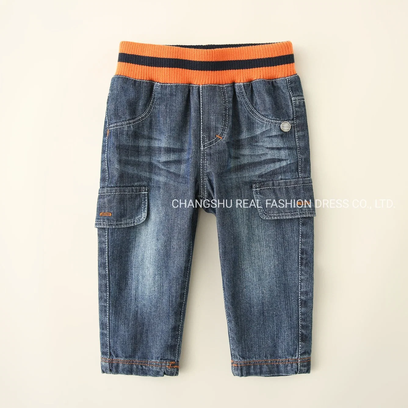 Children Clothes Boy Baby Woven Denim Pant Wear Made of Orange Ribbed Waistband