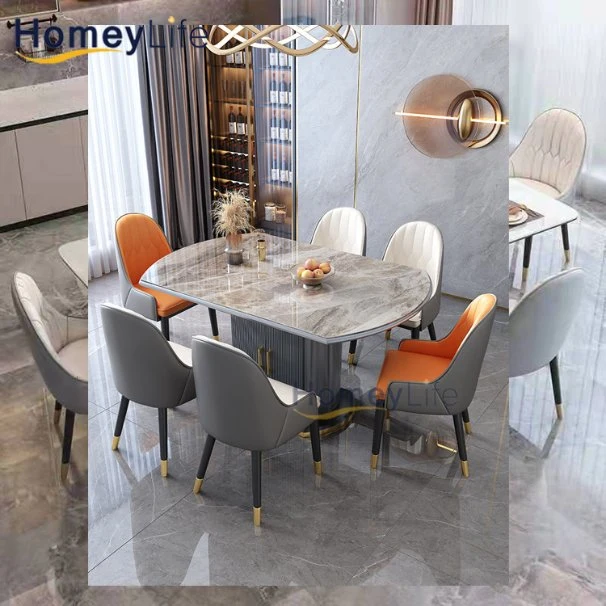 غرفة طعام نورديك رخيص بسيطة وتصميم من الرخام المبلّط مستطيل الشكل طاولة ومقاعد قابلة للطي بالحجارة