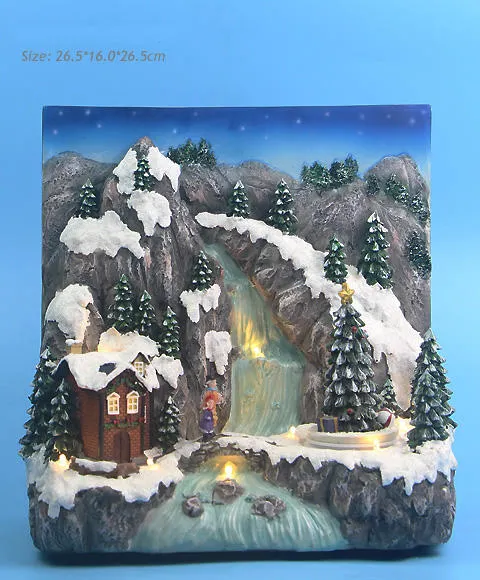 Polyresin Painting Mountain/Village Scene with Tree Animated LED Music House Ornament