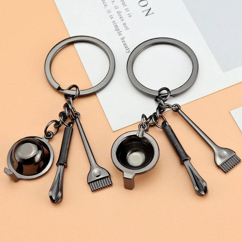 Factory Wholesale/Supplier Custom Logo 3D Blank New Hair Coloring Three Sets of Beauty Salon Perm Mini Key Chain Gadget Activities Gift Alloy Metal Keychain