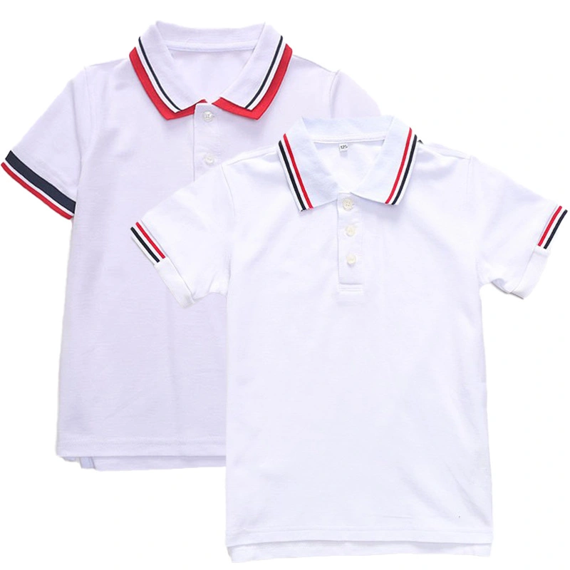 Logo personnalisé Polo blanc en coton à manches courtes et bon prix Avec Two Lines for Boys and Girls School Unifor