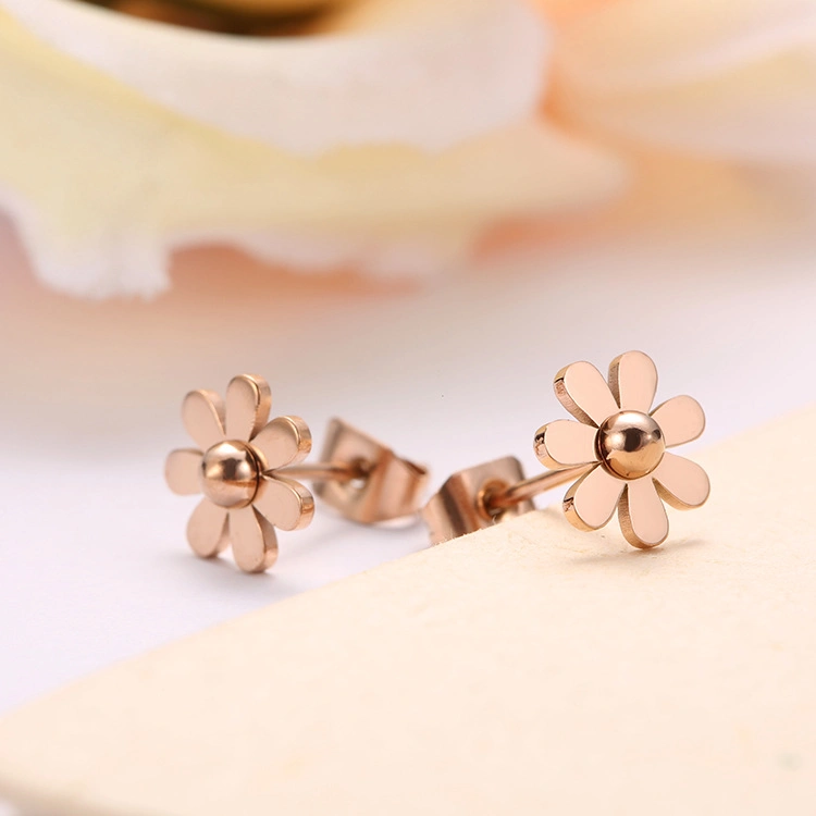 Korean Retro Design Titanium Steel Daisy Earring Jewelry Stainless Steel Rose Gold Plated Sunflower Stud Earrings for Women