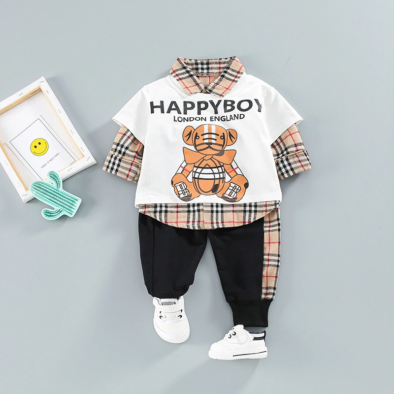 Nuevo diseño Baby Boy Set Camiseta+Camisetas de manga larga con rejilla+ algodón Pantalones ropa para niños