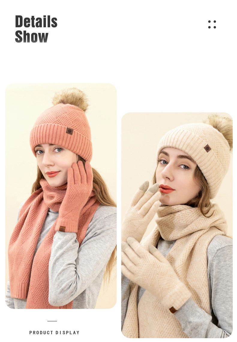 Einfarbig lang Schal Beanie Handschuhe Sets für Frauen mit Pompon