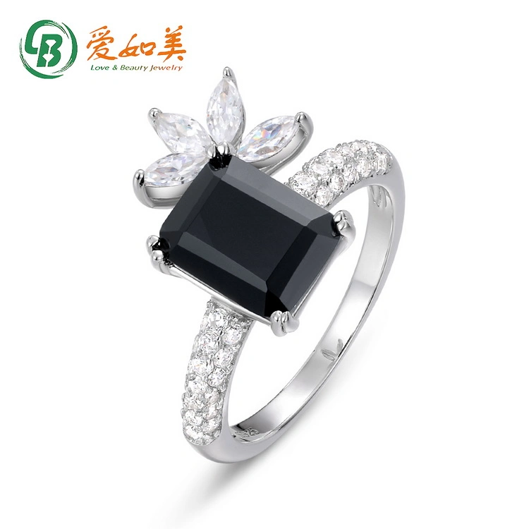 Classic Female Rectangle Black Agate 3A CZ Ring Trendy Women's Party Jewelry Gifts