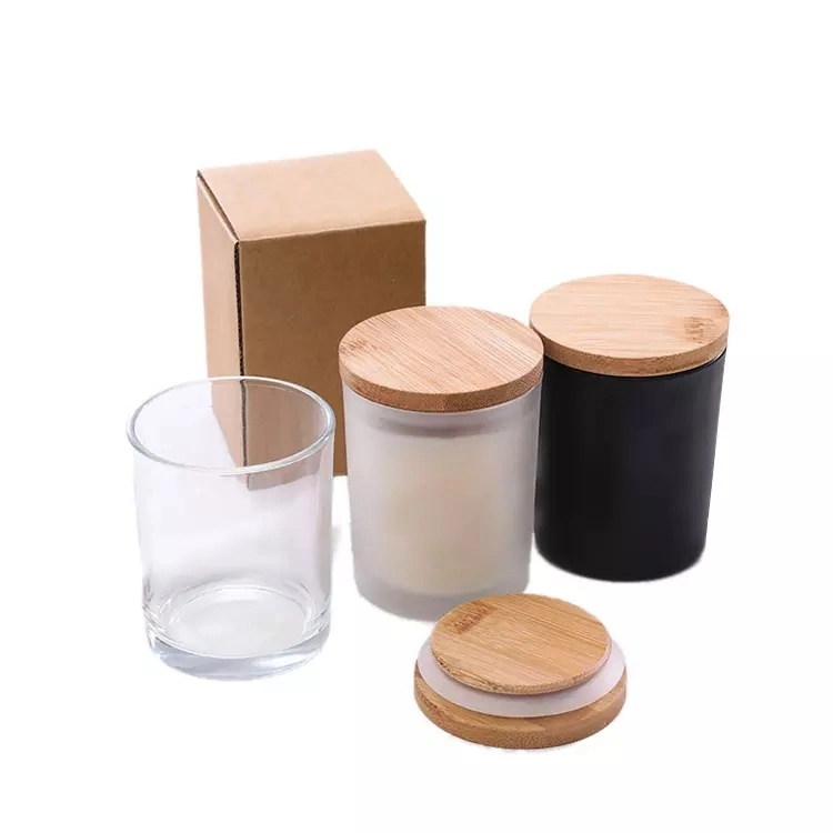 Bougie en verre de gros conteneur Bougie en verre noir mat pot avec les couvercles de bambou