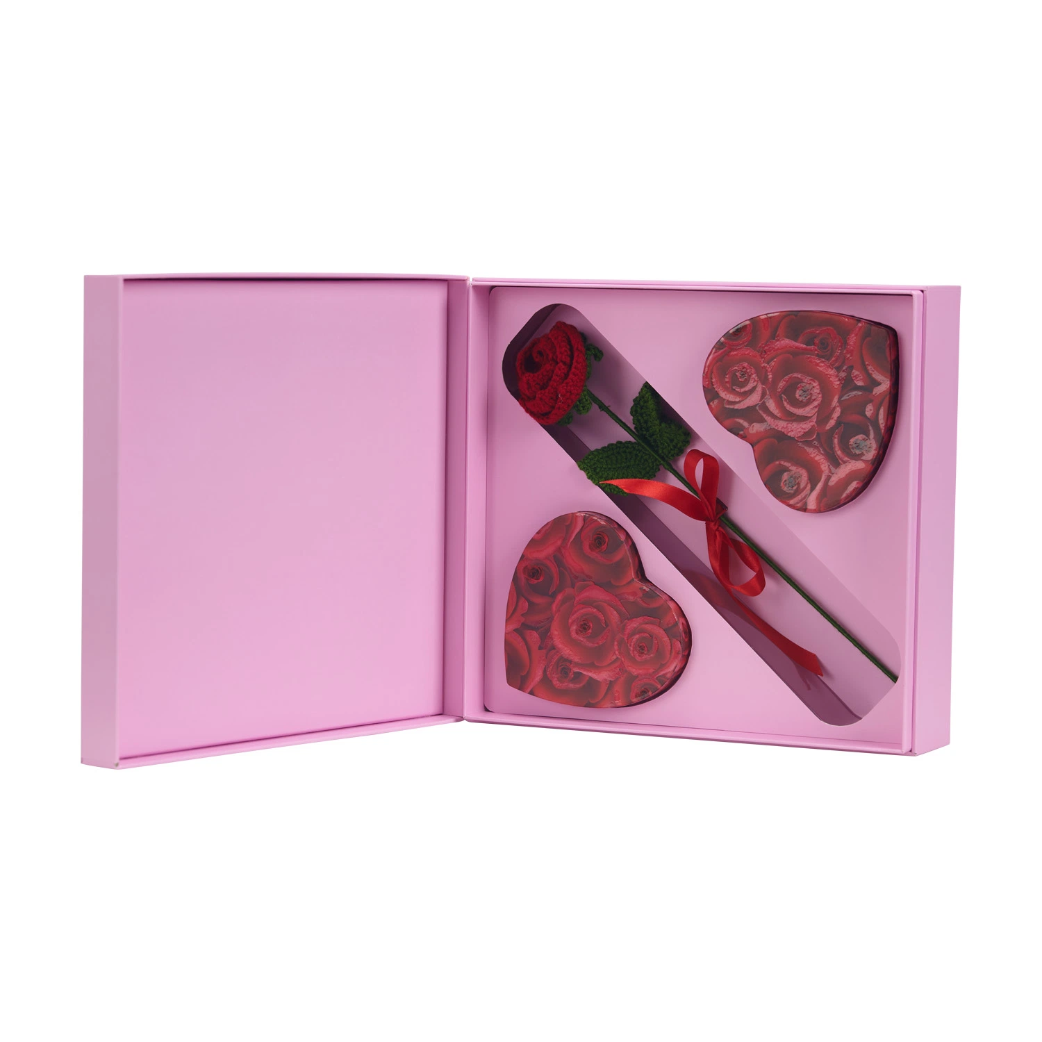 FSC Boîte d'artisanat rigide faite à la main de haute qualité Emballage cadeau de la Saint-Valentin Boîtes de chocolat de luxe Emballage personnalisé Boîte de cosmétiques de soins de la peau et de bijoux avec rose.