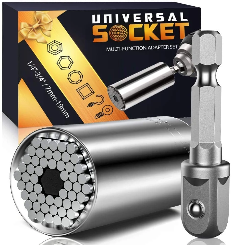 Super Universal Socket Tools Geschenke - Weihnachtsstrumpf Stuffers Sockel Set mit Power Drill Adapter Griff Sockel Cool Gadgets für Männer (7-19mm)