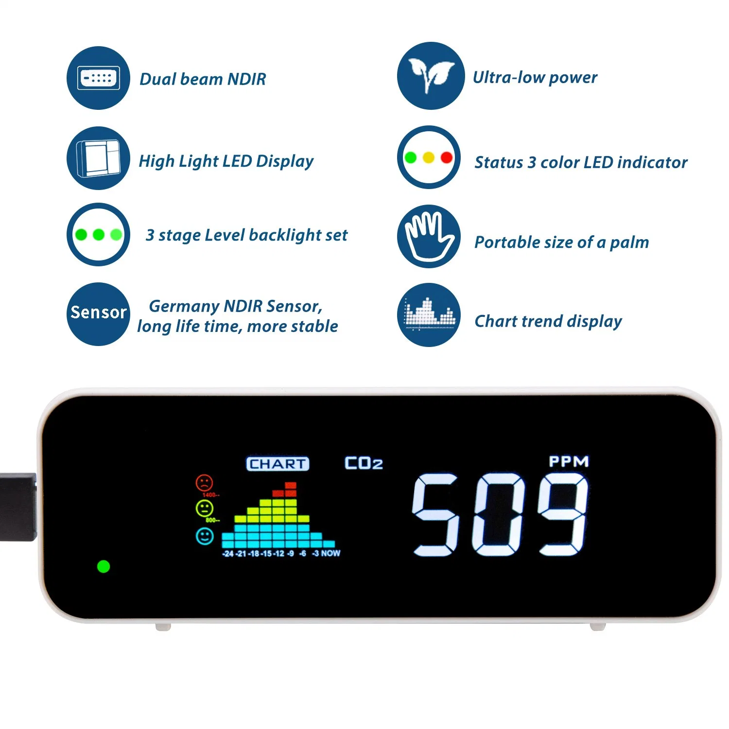 Mini CO2 Sensor mit Li-Batterie Alarm Luftqualitätsüberwachung