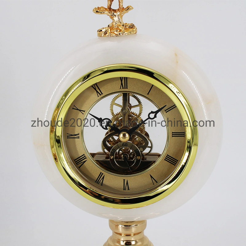 New Design Light Luxury Jade Clock with Metal Eagle Top Ornament Glass Lid Metal Candlesticks for Desktop Decorations