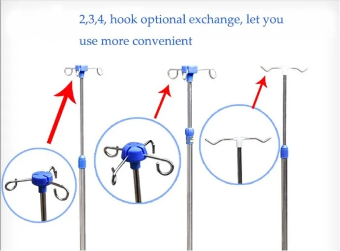 Blood Support Hospital Furniture Transfusion Removable Stainless Steel 4 Hook IV Pole Infusion Stand with Wheels Medical Supply