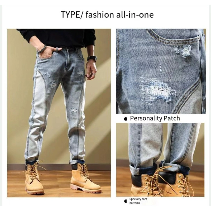 Spring and Autumn Splicing Jeans Ripped Tide Ins High Street Men&prime; S Tide Brand Elastic Slim Embroidery Patch Locomotive Small Foot Pants (CFJPM-020)