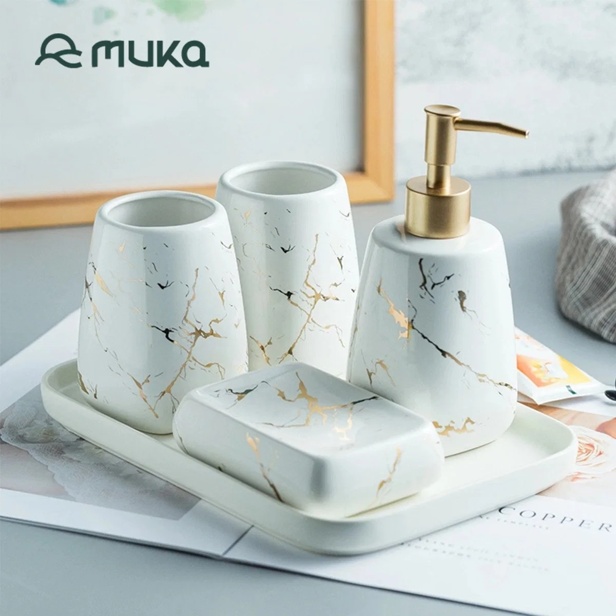 Ceramic Marble Golden Household Bathroom Appliances Dental Toothbrush Holder Wash Set Homestay Bathroom Supplies Accessories