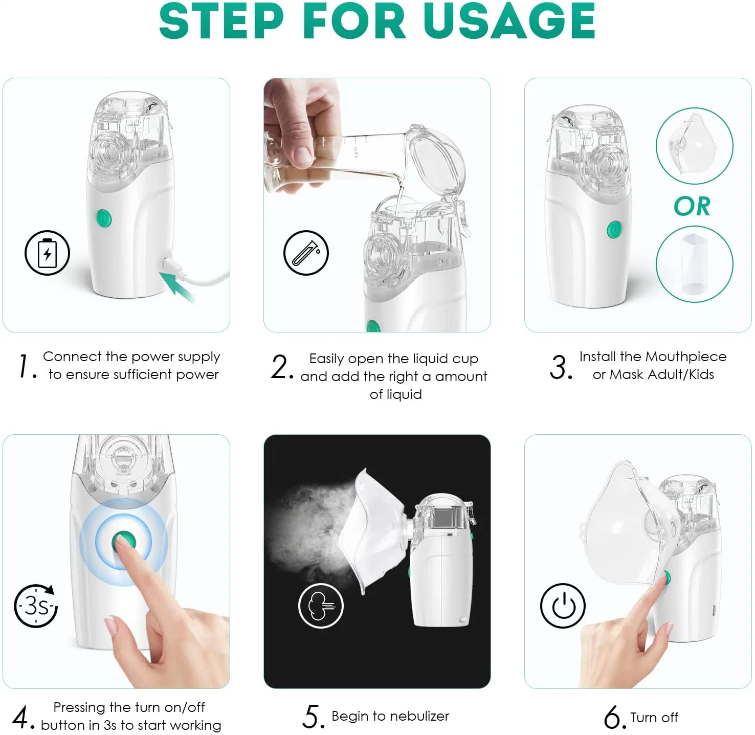 Children and Adult Health Care Medical Treatment Battery Operated Mesh Portable Ultrasonic Nebulizer USB Cable