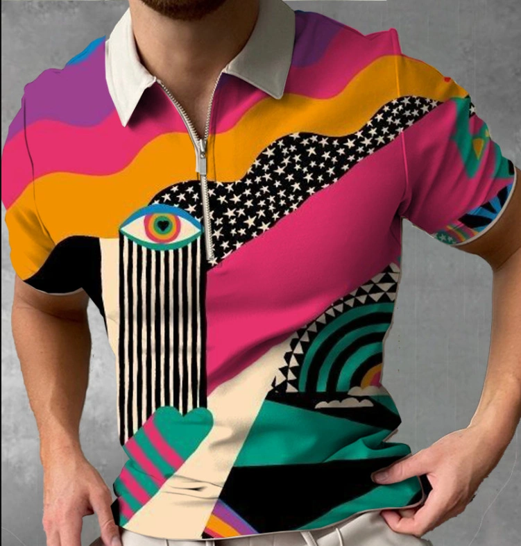 Men Color Block Zip Half Polo Shirt Zipper Style Slim Fit Multi Printed Color Men's Polo T Shirts Zip Collar Polo T Shirts