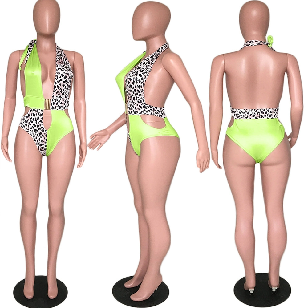 Custom Sexy High Waist Leopard Women Bathing One Piece Swimsuit