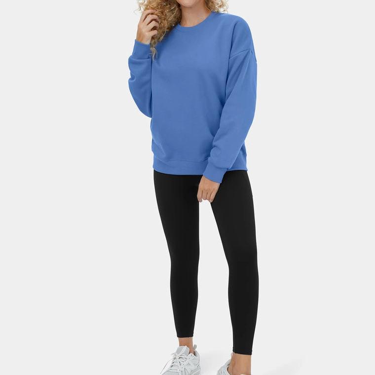 Custom Good Quality Plain Cotton French Terry Round Neck Dropped Shoulder Fleece Casual Sports Sweatshirt for Women