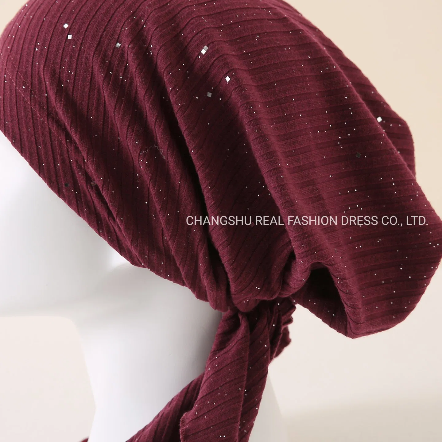 Muslim Lady New Fashion Knit Burgundy Foil Ribbed Pre-Tieds Hat with Lining and Tails