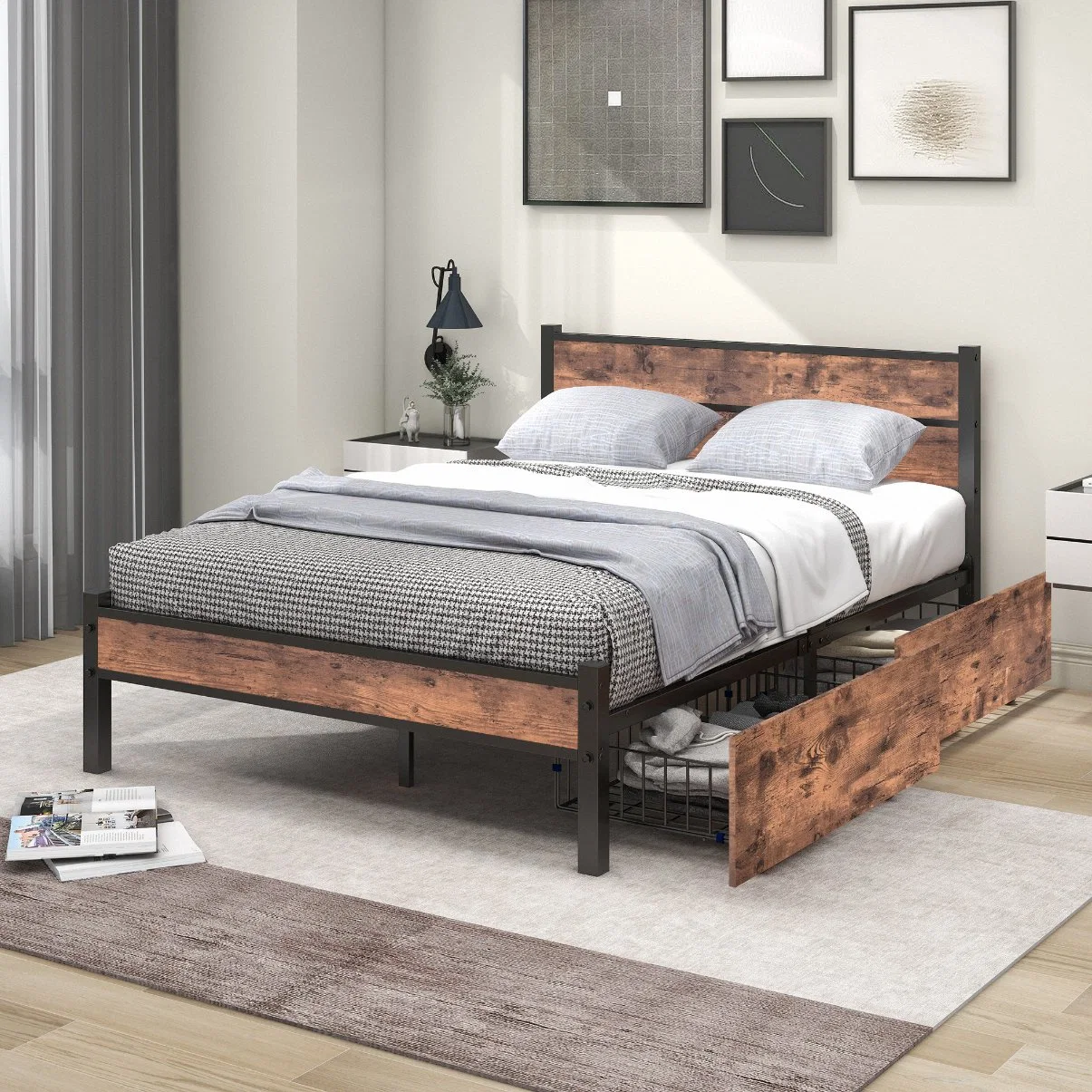 Home Furniture Steel with 2 Drawers Metal Bed Frame Full Bed