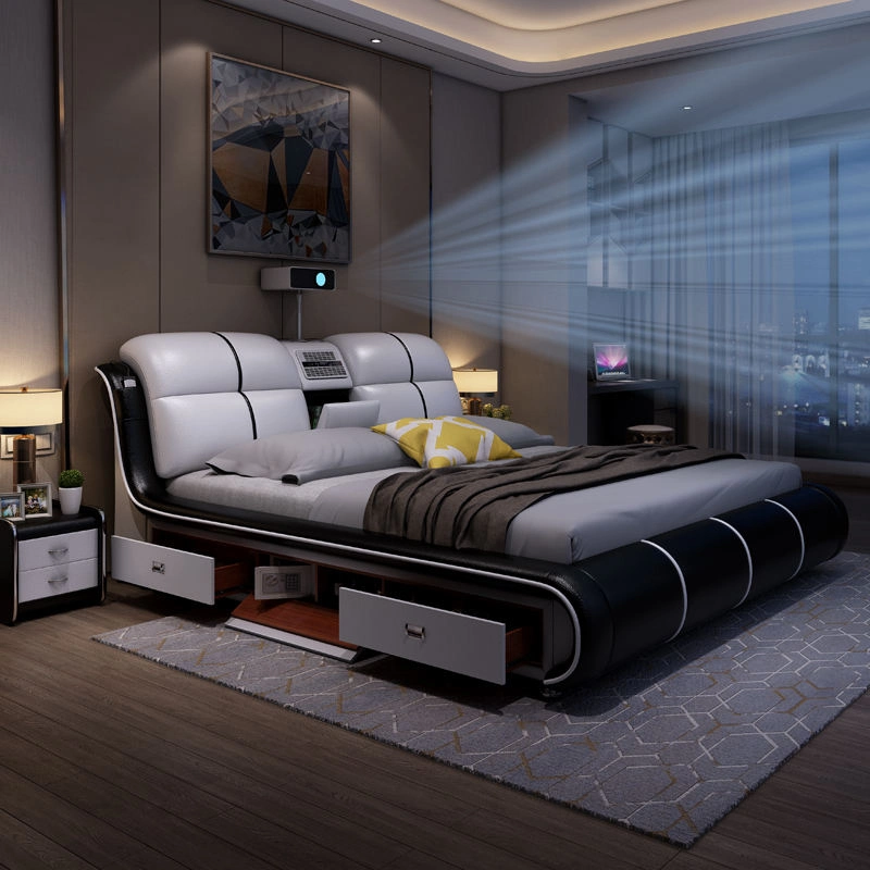 Hot Sale High End Modern Luxury Genuine Leather Multifunctional Smart Bed with Massage and Projector TV Home furniture