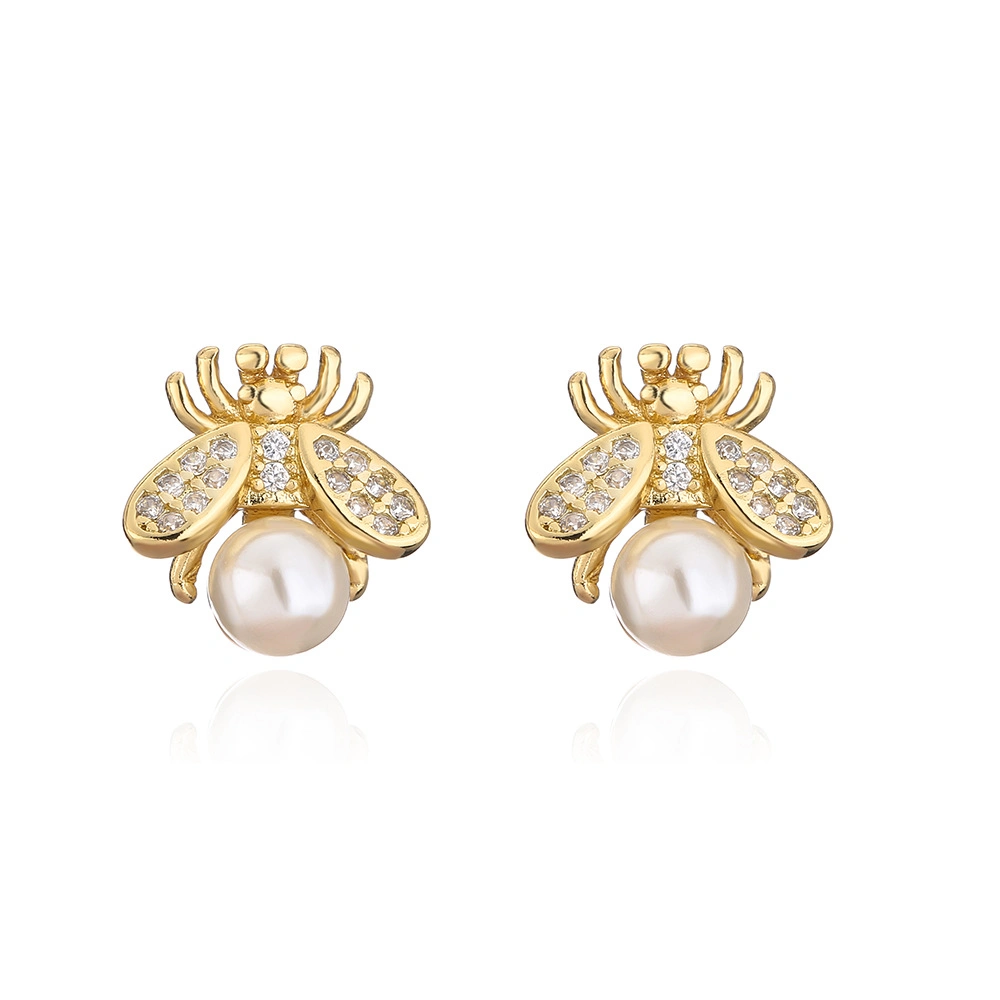 Source transfrontalière Cuper-Plated or 18K Zircon Micro-Inset adorable abeille Pearl Earrings Bijoux