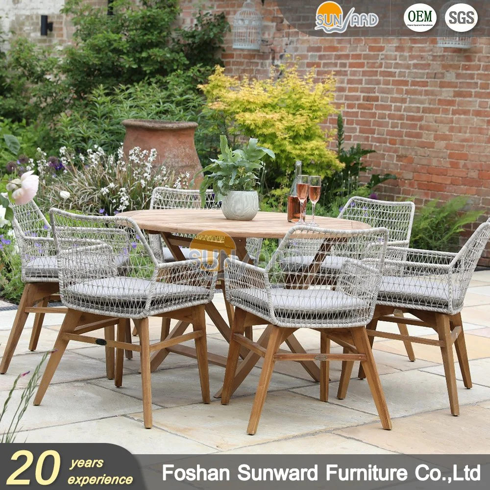 Customized Modern Outdoor Home Resort Hotel Restaurant Furniture Aluminum Teak Wood Rope Woven Dining Chairs and Table Set