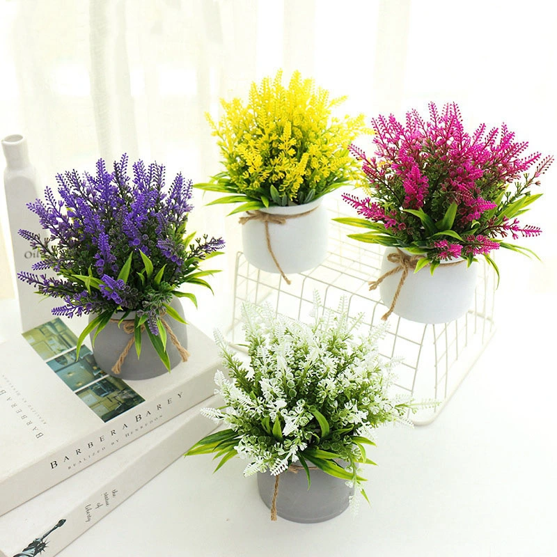 Artificial Lavender Bouquet in Decorative White Plastic Pot with String