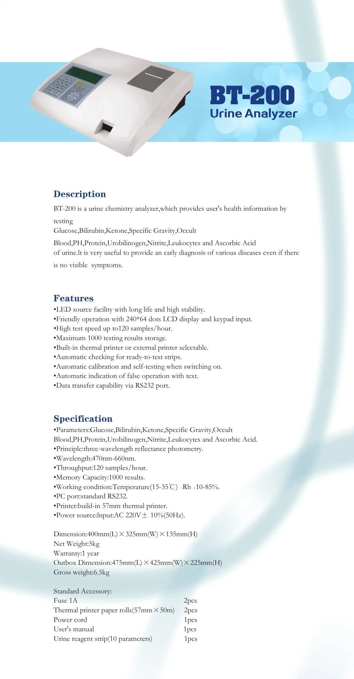 Medical Equipment of Portable and Accurate Urine Analyzer Bt-200