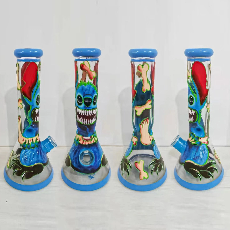 New Blue Cartoon Character Pattern Glass Beaker Base Thick Glass Water Pipes Smoking with 14mm Bowl Water Pipes