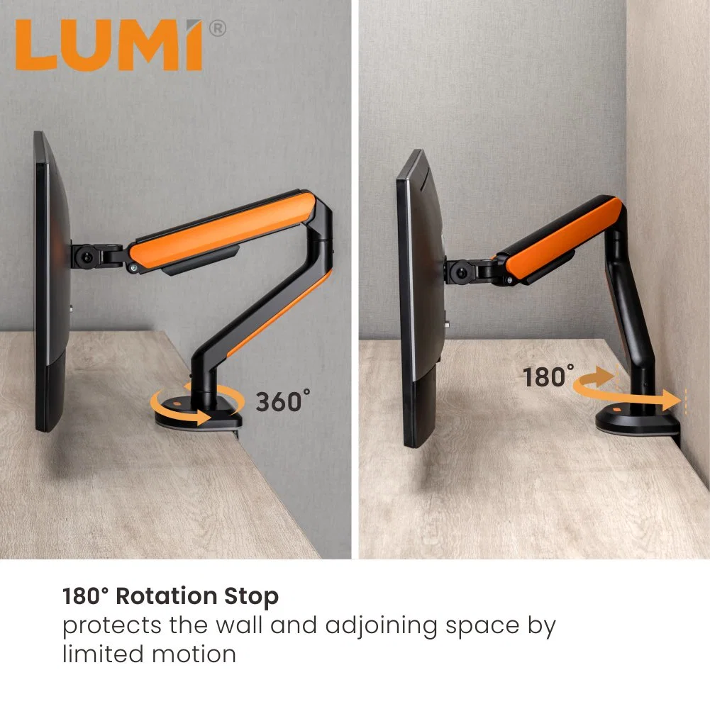 LUMI OEM ODM Dual Office Desk Mount Adjustable Computer Monitor Arm with RGB Lighting