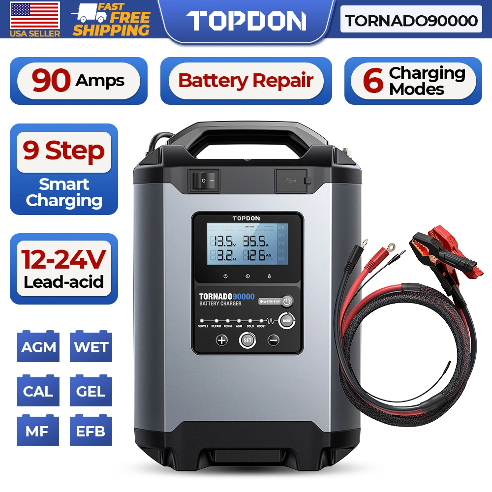 Topdon America Stock Tornado90000 T90A 12V 24V Volt Battery Maintainer Automotive Mobile Portable RoHS Truck Car Universal Fast Trickle Charger for Car Battery