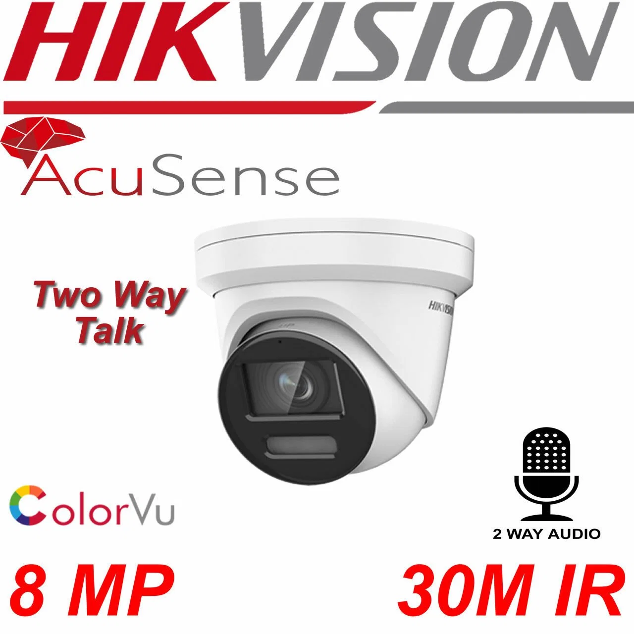 أفضل قيمة مقابل أموالك كاميرا أمان Hikvision بدقة 8 ميجابكسل للرؤية الليلية بتقنية Colorvu ومزودة بميزة الصوت والإنذار والتحدث ذهابًا وإيابًا.