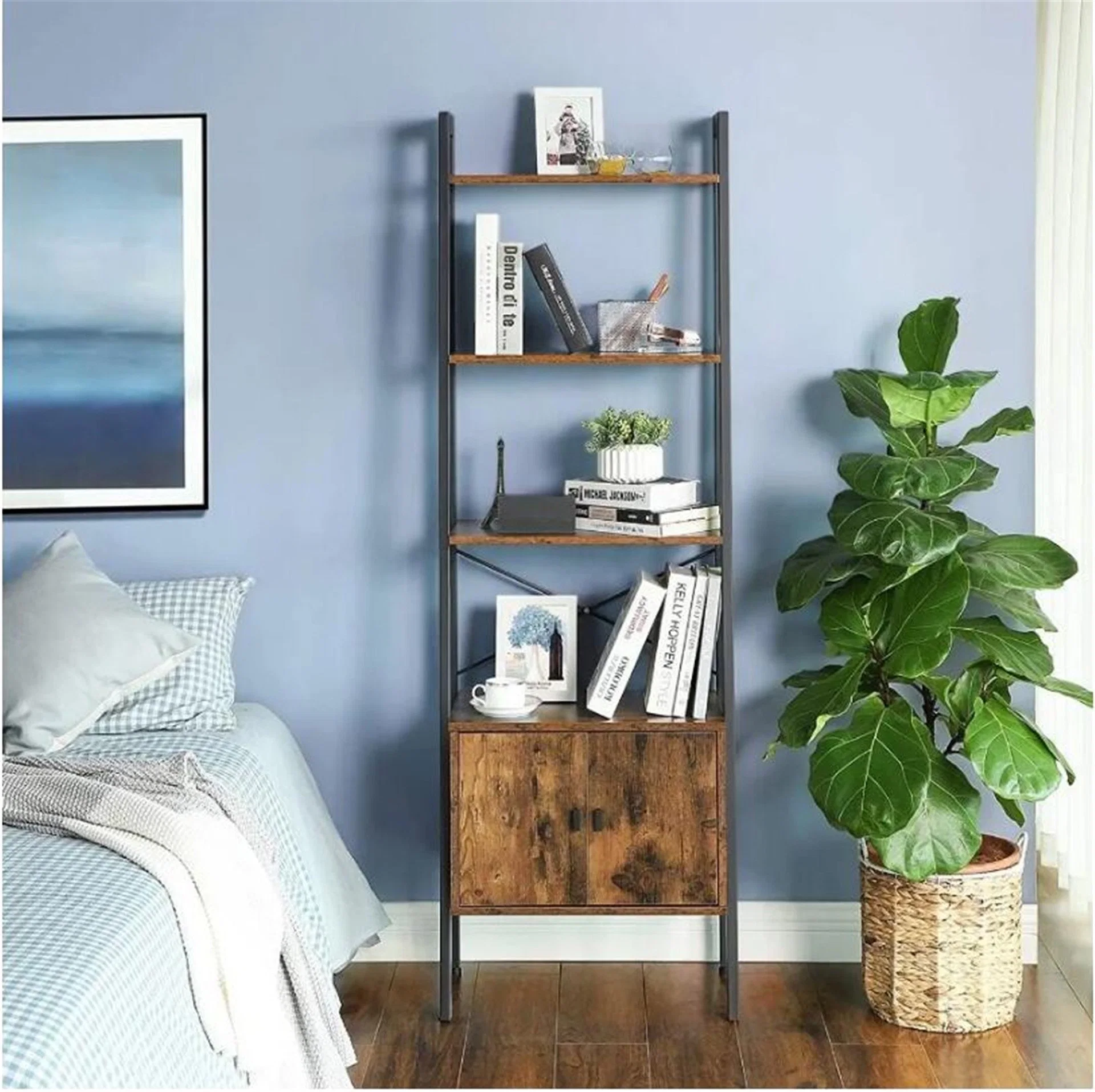 4 Shelves Sturdy Iron Frame Bedroom Office Industrial Design Bookcase with Cupboard