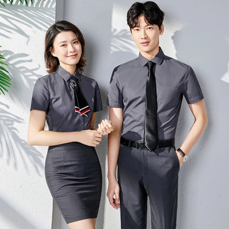 Customized Summer Solid Color Printed Square Lapel Collar Slim Business Worker Uniorm Iron-Free Short Sleeve Shirt