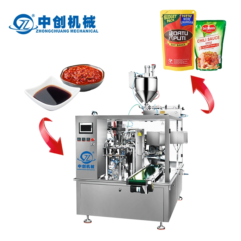 Zhongchuang Machinery Custom Automatic Rotary Stand up Spout Pouch Premade Bag Doypack Chili Paste Soy Sauce Liquid Packing Machine
