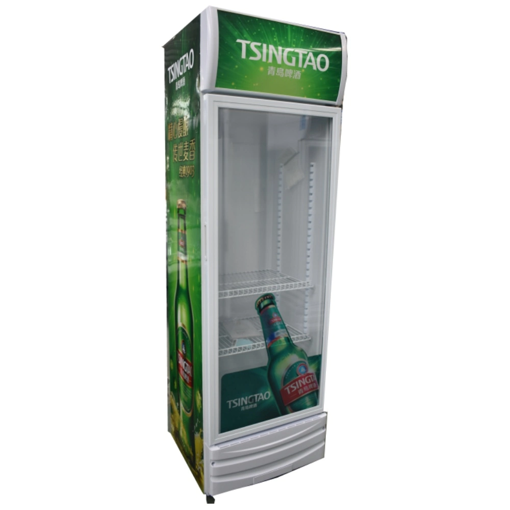 Supermercado Puerta de vidrio única pantalla vertical nevera Comercial Slim bebidas Refrigerador personalizado