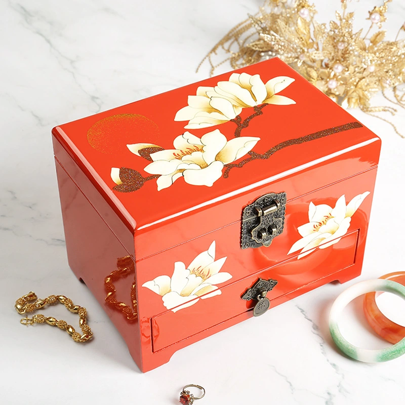 Lotus Pattern Summer Push Light Lacquerware Trousseau Case Double Jewelry Box