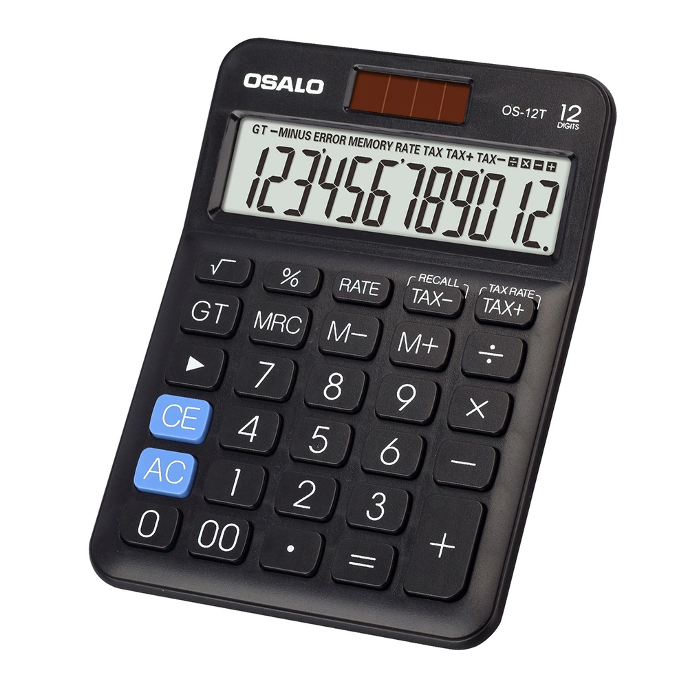 Osalo OS-12t Portable Solar Dual Power ABS Tax Rate Calculator 12 Digit Office School Calculator - Black