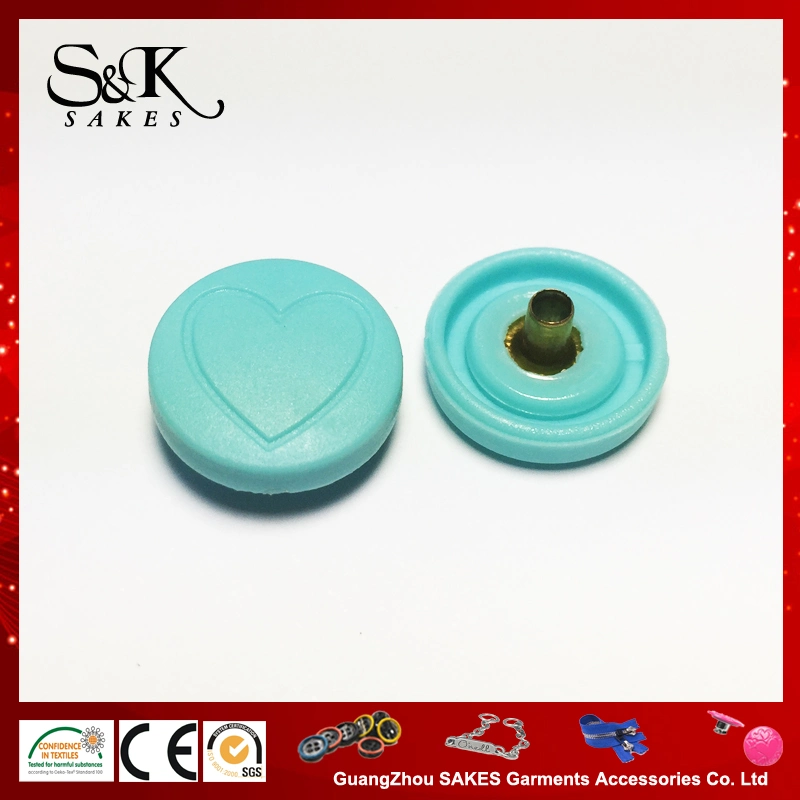 Sea Green Color ABS Plastic Cap Snap Buttons with Heart Logo for Ladies' Down Jacket